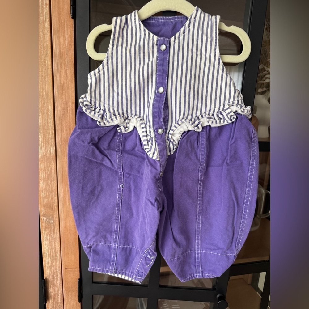 Vintage 90s striped coverall pearl ruffle baby girl playsuit western denim